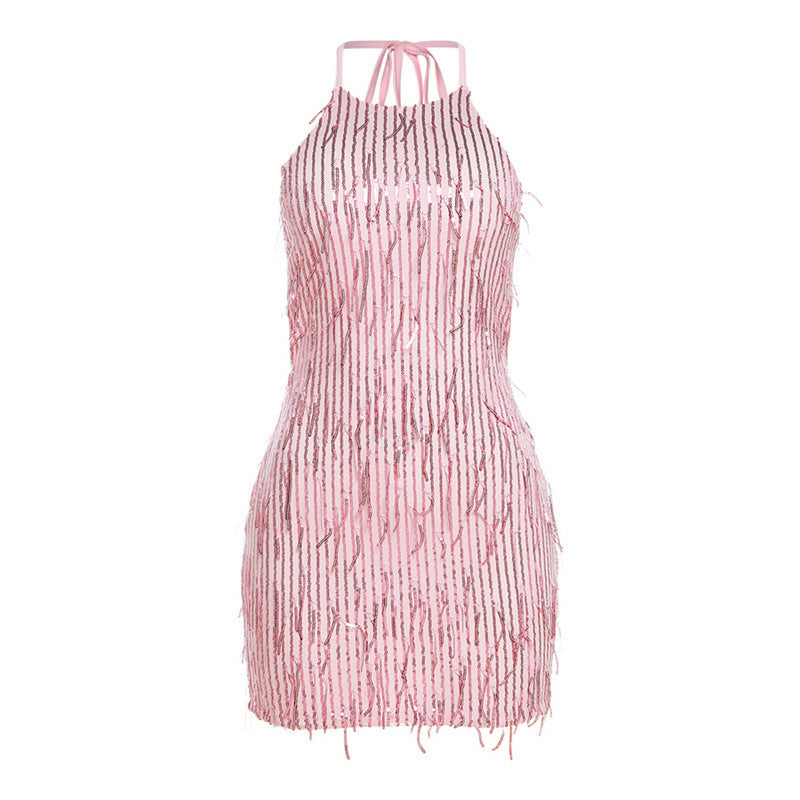 Cross-border Women's Clothing Fashion Halter Sexy Backless Sequin Tassel Dress