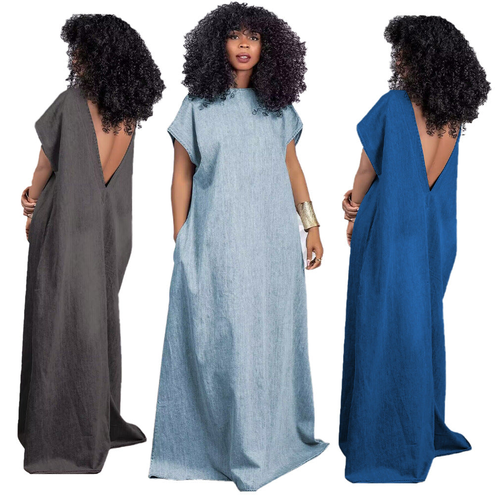 Women's Denim Retro Loose Deep V-neck Backless Dress