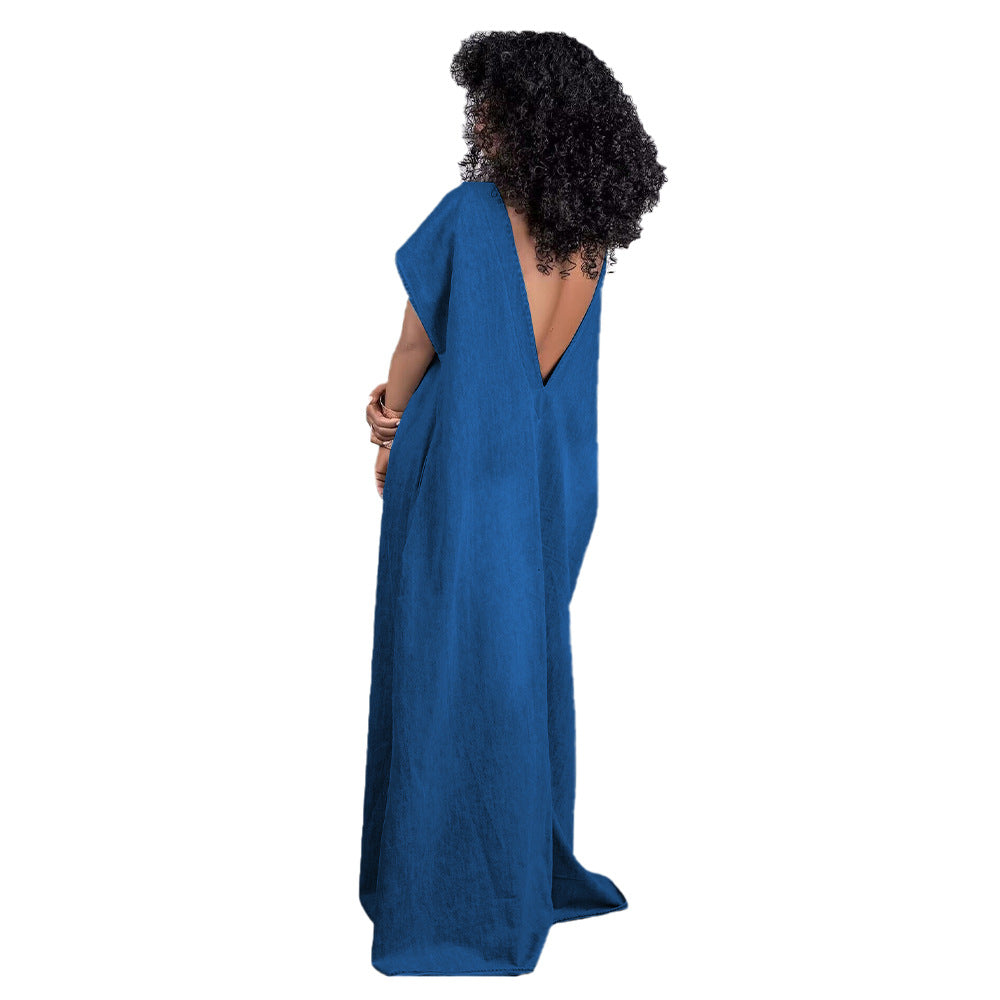 Women's Denim Retro Loose Deep V-neck Backless Dress