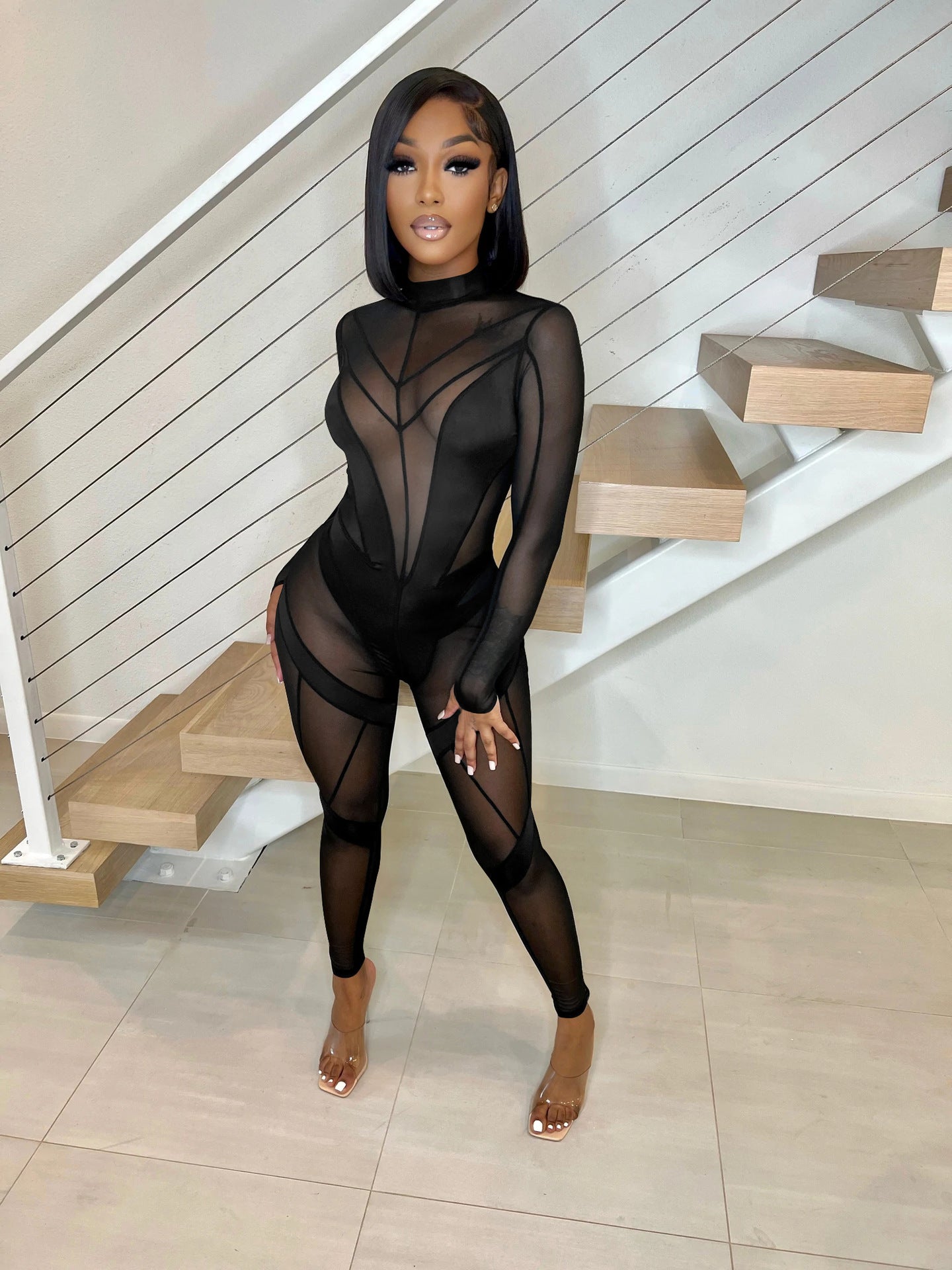 Women's Mid-collar Sheer Mesh Stitching Jumpsuit
