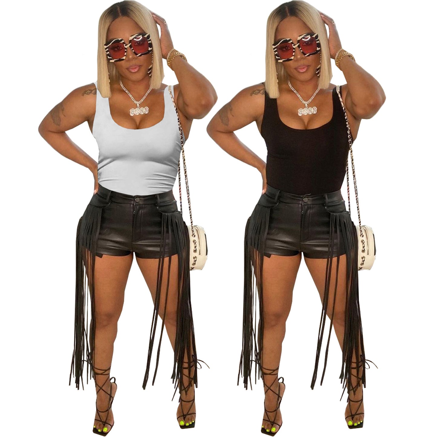 Women's Dunhuang Mandy Clothing PU Leather Pants Fringe Shorts