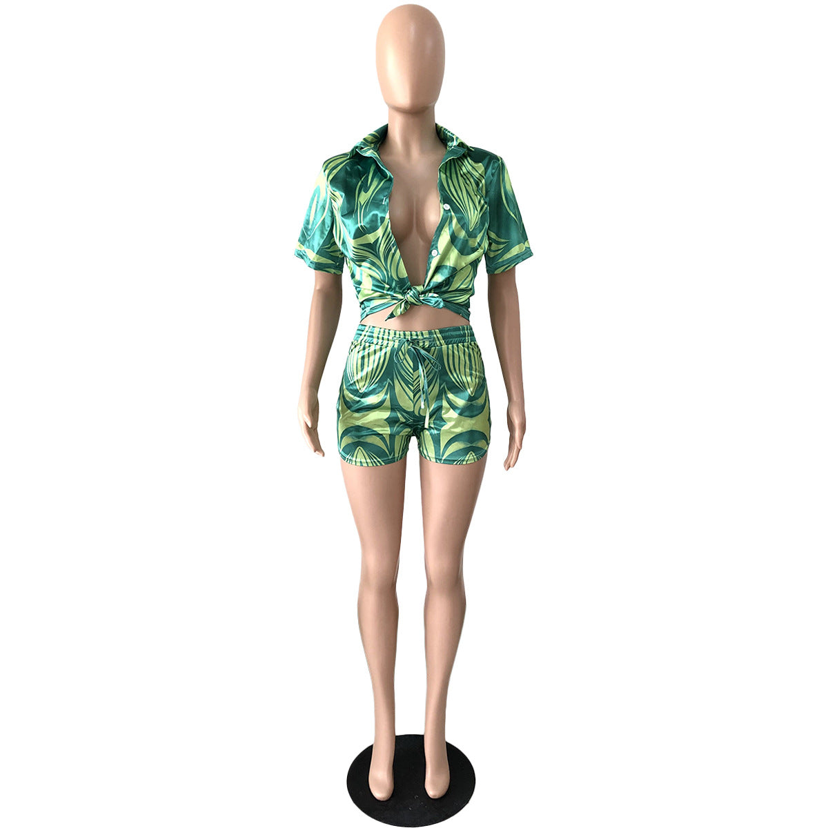 Summer Stretch Satin Printed Shirt Short Two-piece Set