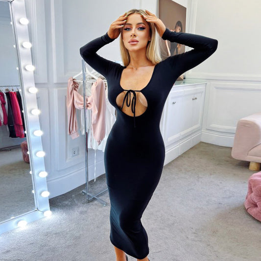 Women's U-neck Backless Breast Shaping Lace-up Long Sleeve Sheath Sexy Trendy Length Dress