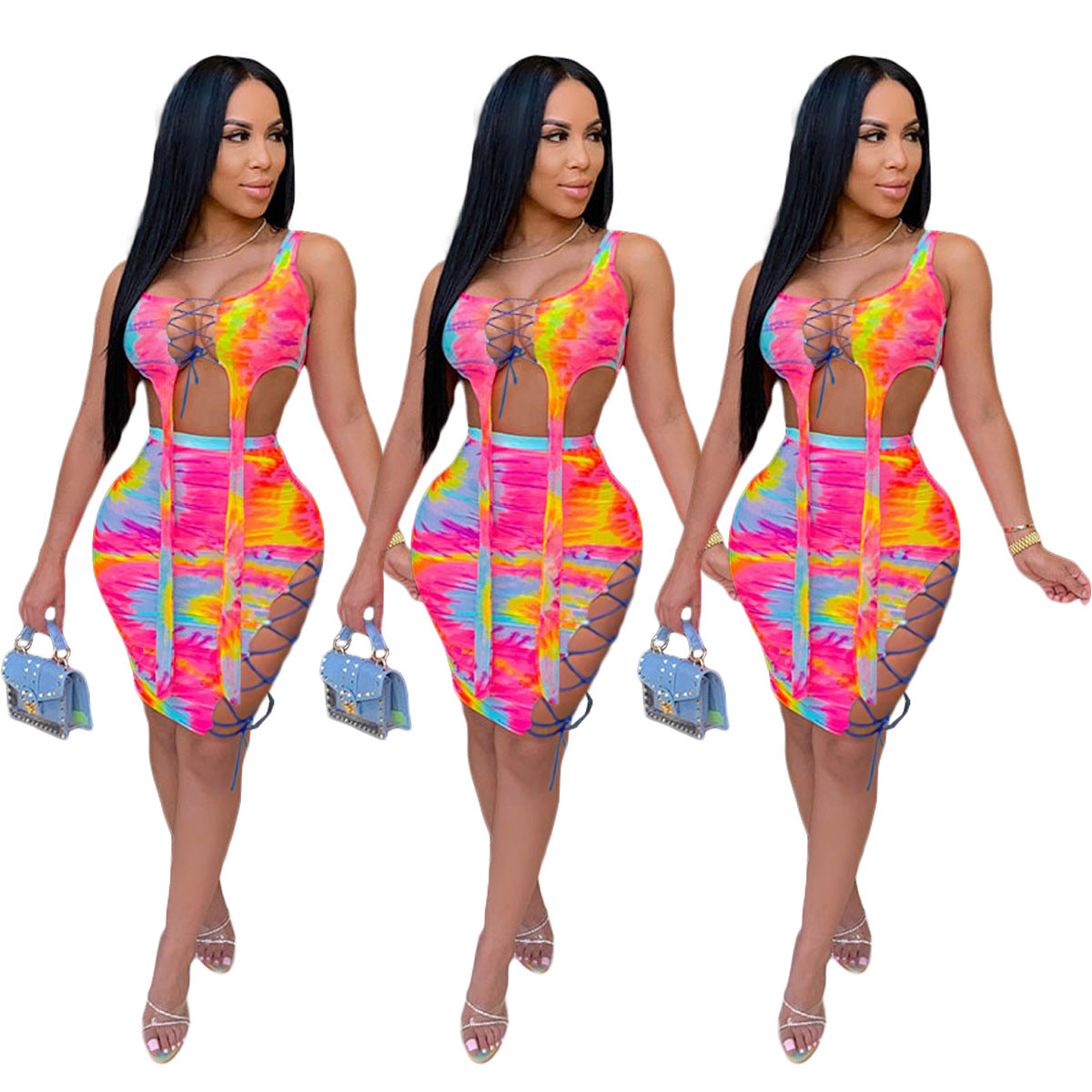 Women's Clothing Fashion Tie-dye Hollow Bandage Two-piece Suit