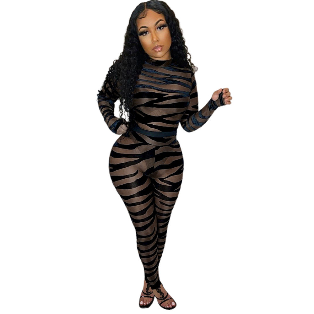 Mesh Flocking See-through Stitching Black Jumpsuit Nightclub Uniforms