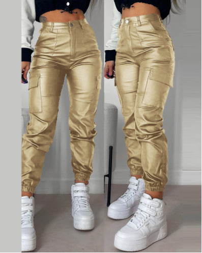 Zipper Pleated PU Casual Patch Pocket Skinny Pencil Trousers