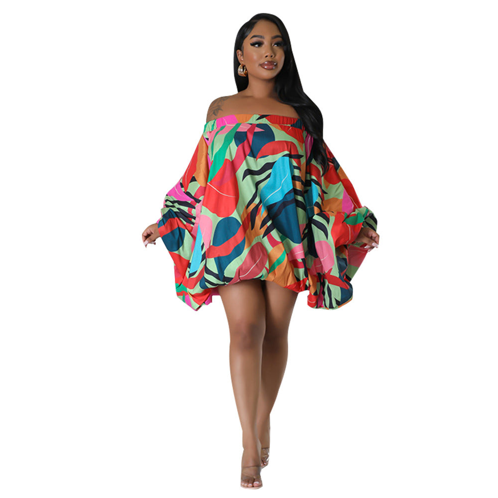 Women's Off-the-shoulder Printed Short Skirt Bat Sleeve Polyester Dress