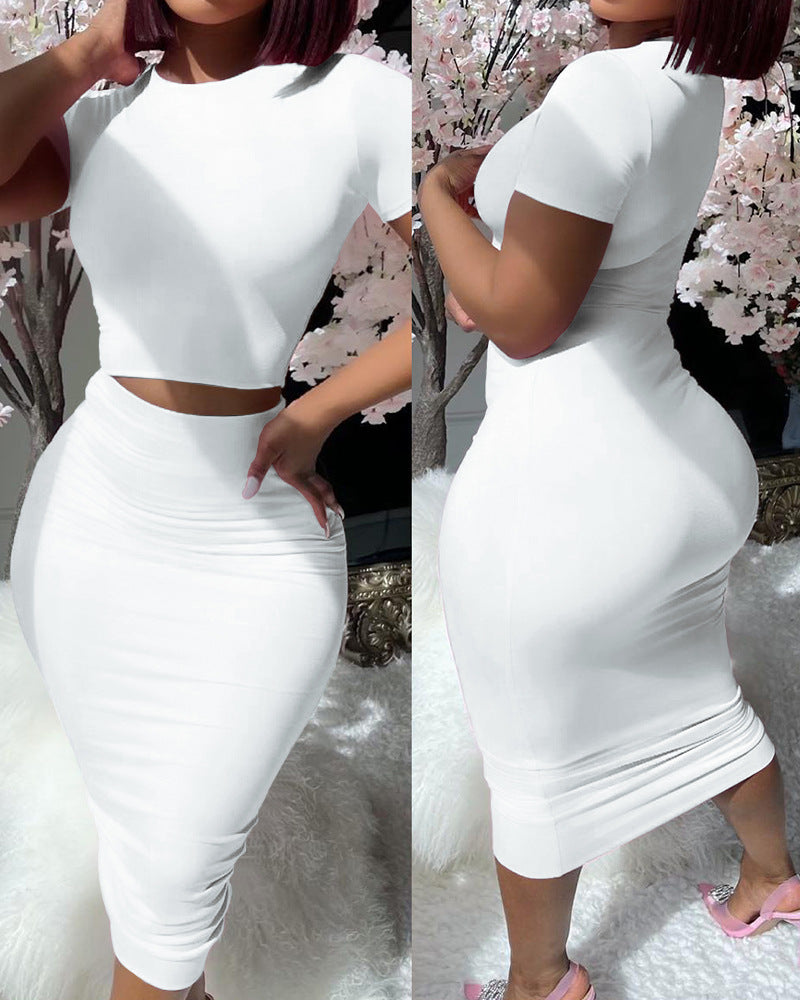 Solid Color Short Sleeve Top Suit Tight Midi Dress