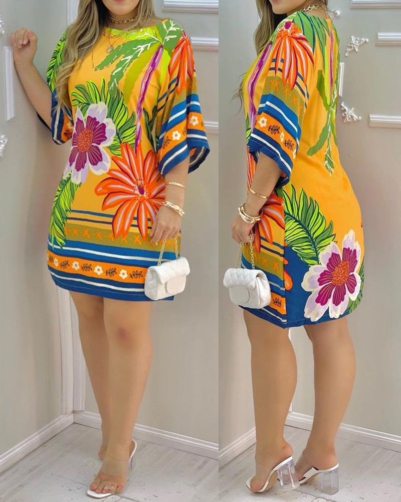 Women's Round-neck Tropical Printing Half-sleeved Casual Dress