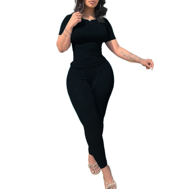 Solid Color Slim-fit Short-sleeved High Waist Tight Trousers Casual Suit